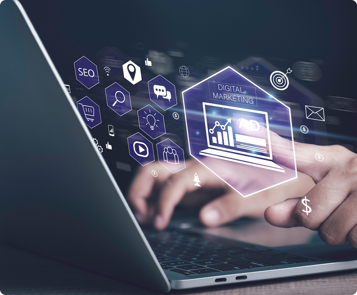 Digital marketing icons over laptop
