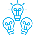 Three glowing blue light bulb icons