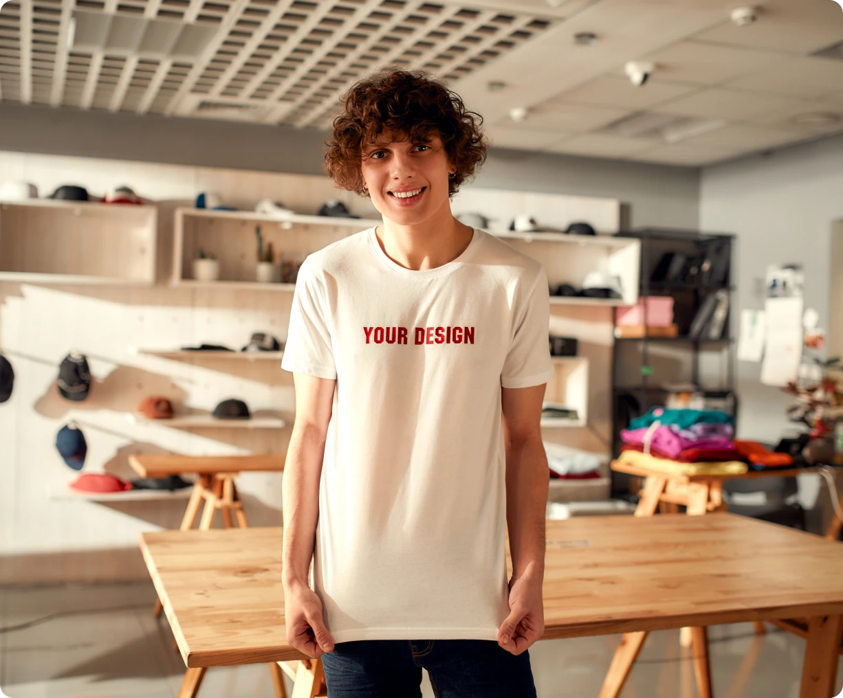 Individual showcasing t-shirt in a retail setting